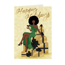 Load image into Gallery viewer, Afro Happy Holidays - Green Dress- African American Holiday Greeting Cards