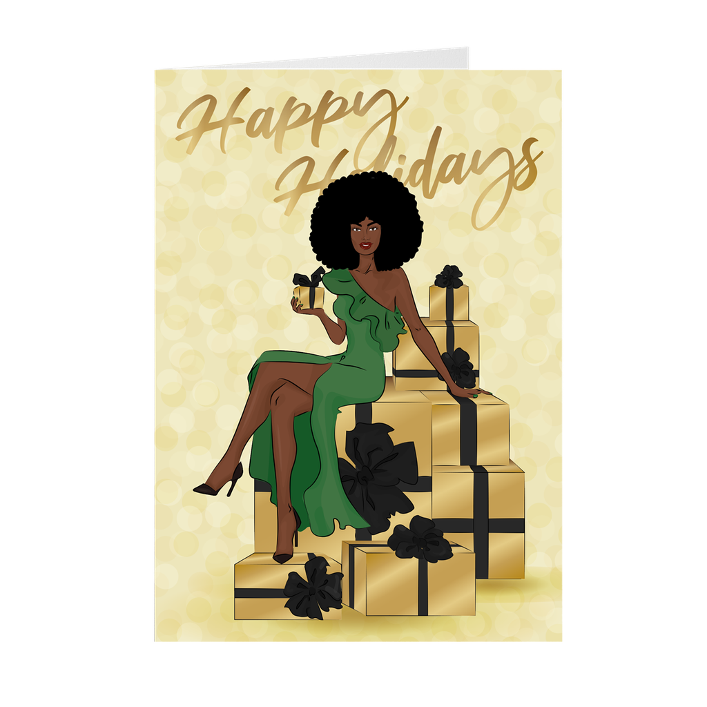 Afro Happy Holidays - Green Dress- African American Holiday Greeting Cards