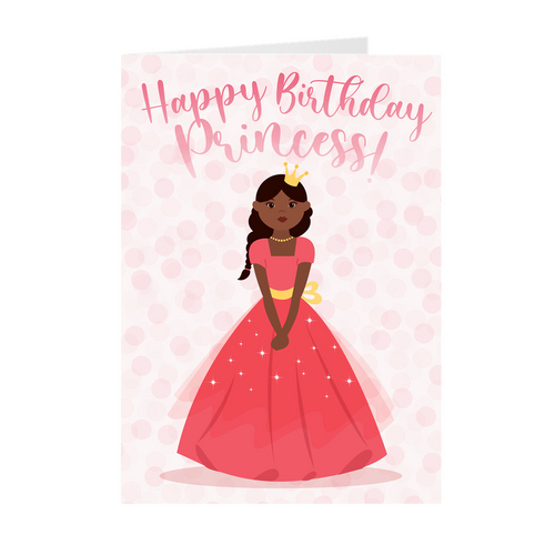 Pink & Gold Dress - Crown Princess - African American Kids Birthday Cards