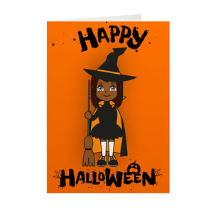 Witch & Broomstick - African American Girl - Black Halloween Card Shop